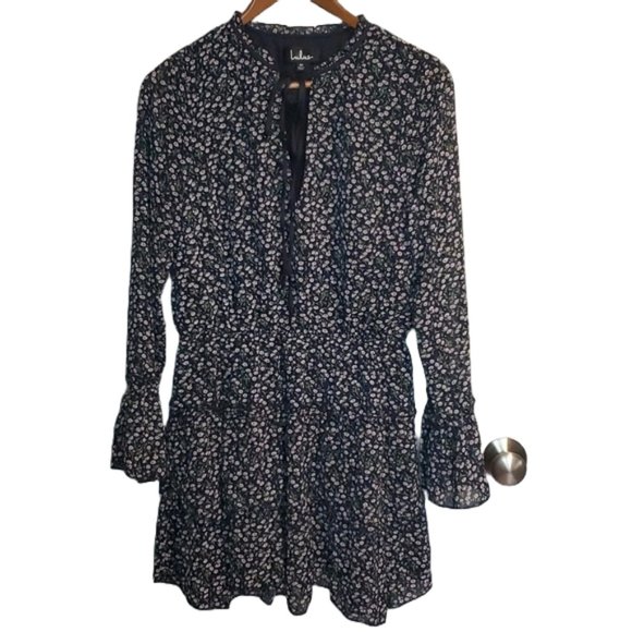 Lulus Garden of Grace Navy Blue Floral Print Long Sleeve Ruffled Dress SZ M - Picture 2 of 10